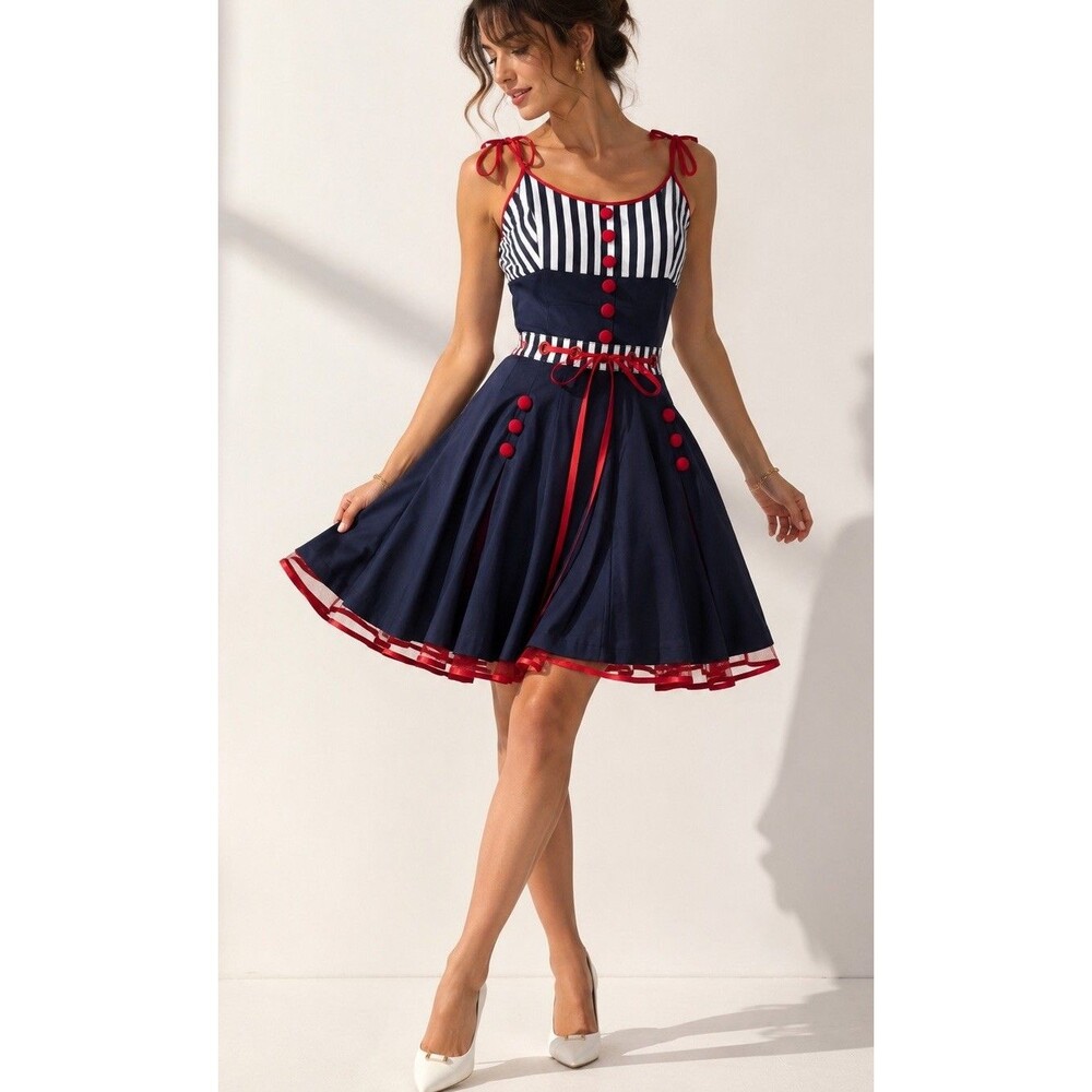 Voodoo Vixen Nautical Sailor Fit & Flare Dress Red Blue Pinup